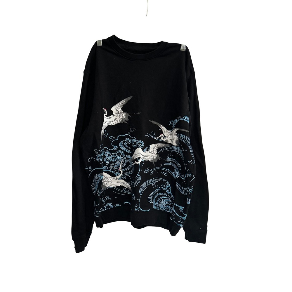 Blind Rooster Black Sweatshirt Japanese Crane Wave Graphic Kanji Crewneck M